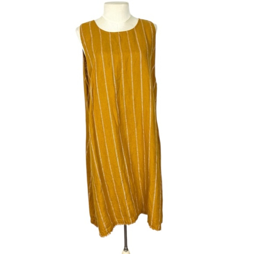 Garnet Hill shift dress size 18 Linen sleeveless fringe hem Gold yellow stripe